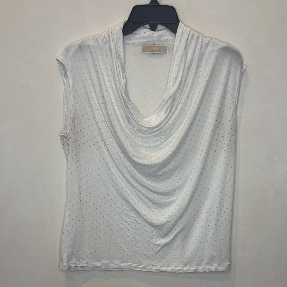 Michael Kors White Pearl Dot Cowl Neck Sleeveless Blouse XL Chic Elegant Designe